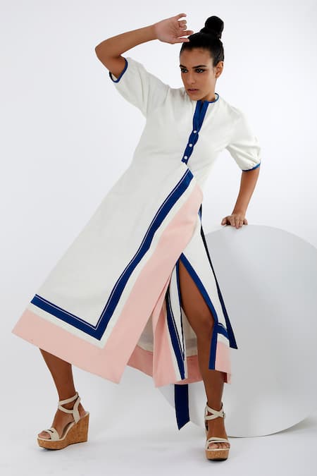 Madder Much_Multi Color Handloom , Embroidery Split V-neck Akira Apron Dress _Online_at_Aza_Fashions