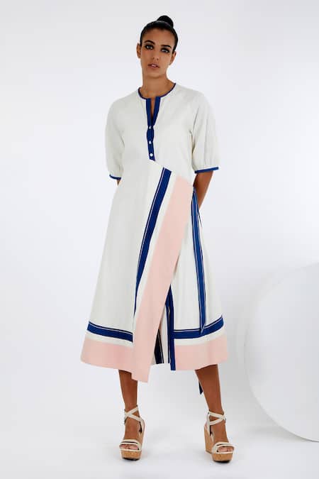 Shop_Madder Much_Multi Color Handloom , Embroidery Split V-neck Akira Apron Dress _Online_at_Aza_Fashions