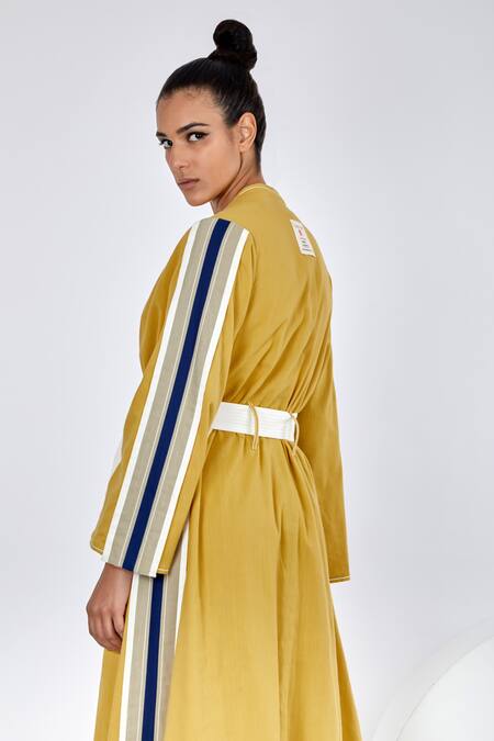 Madder Much_Yellow Cotton Embroidery Open Neck Amaya Reversible Stripe Print Jacket _Online_at_Aza_Fashions