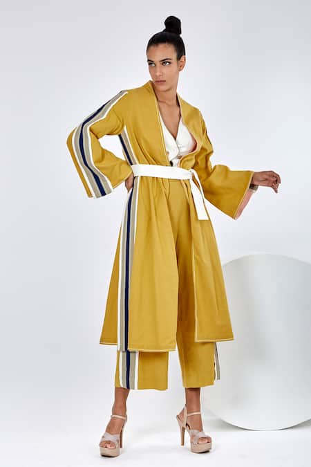 Shop_Madder Much_Yellow Cotton Embroidery Open Neck Amaya Reversible Stripe Print Jacket _Online_at_Aza_Fashions