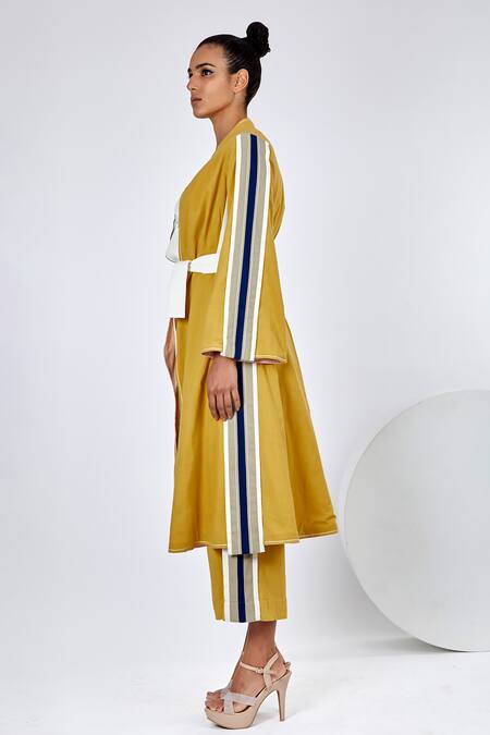 Madder Much_Yellow Cotton Embroidery Open Neck Amaya Reversible Stripe Print Jacket _at_Aza_Fashions