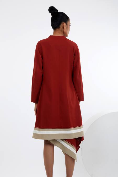Shop_Madder Much_Red Handloom , Embroidery V-neck Beni Stripe Print Blazer Skirt Set _at_Aza_Fashions