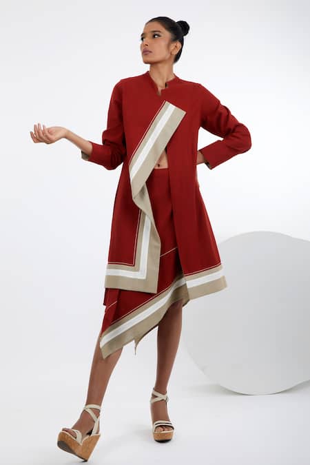 Madder Much_Red Handloom , Embroidery V-neck Beni Stripe Print Blazer Skirt Set _Online_at_Aza_Fashions