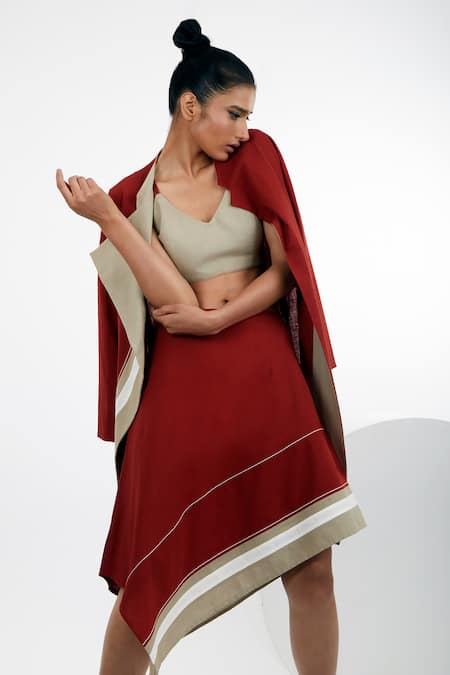 Buy_Madder Much_Red Handloom , Embroidery V-neck Beni Stripe Print Blazer Skirt Set _Online_at_Aza_Fashions