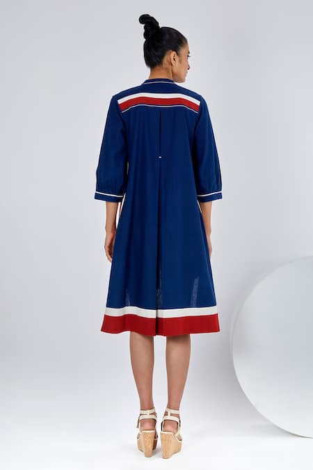 Shop Madder Much Blue Cotton Embroidery Mandarin Collar Chiqa Handloom Goodlookin Shirt Dress at Aza Fashions Shop_Madder Much_Blue Cotton Embroidery Mandarin Collar Chiqa Handloom Goodlookin Shirt Dress _at_Aza_Fashions