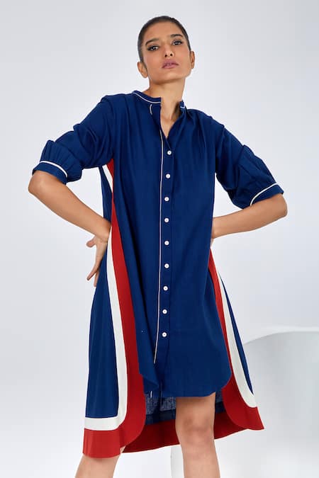 Madder Much Blue Cotton Embroidery Mandarin Collar Chiqa Handloom Goodlookin Shirt Dress Online at Aza Fashions Madder Much_Blue Cotton Embroidery Mandarin Collar Chiqa Handloom Goodlookin Shirt Dress _Online_at_Aza_Fashions