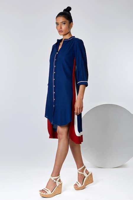 Shop Madder Much Blue Cotton Embroidery Mandarin Collar Chiqa Handloom Goodlookin Shirt Dress Online at Aza Fashions Shop_Madder Much_Blue Cotton Embroidery Mandarin Collar Chiqa Handloom Goodlookin Shirt Dress _Online_at_Aza_Fashions