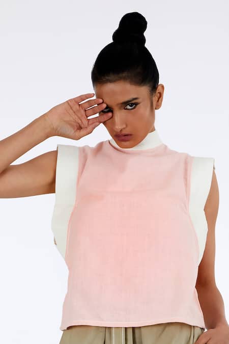 Madder Much_Pink Handloom Cotton Embroidery Round Neck Cho Winged Top _Online_at_Aza_Fashions