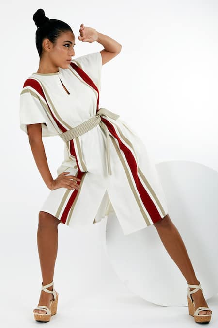 Buy_Madder Much_White Handloom Cotton Keyhole Neck Fubu Stripe Print Kaftan Dress _Online_at_Aza_Fashions