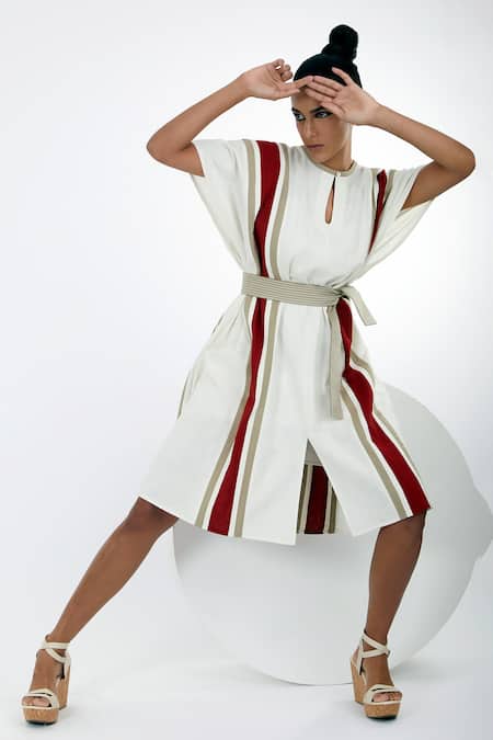 Shop_Madder Much_White Handloom Cotton Keyhole Neck Fubu Stripe Print Kaftan Dress _Online_at_Aza_Fashions