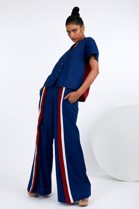 Madder Much_Blue Cotton Collared Hako Handloom Boxy Shirt And Pant Set _Online_at_Aza_Fashions