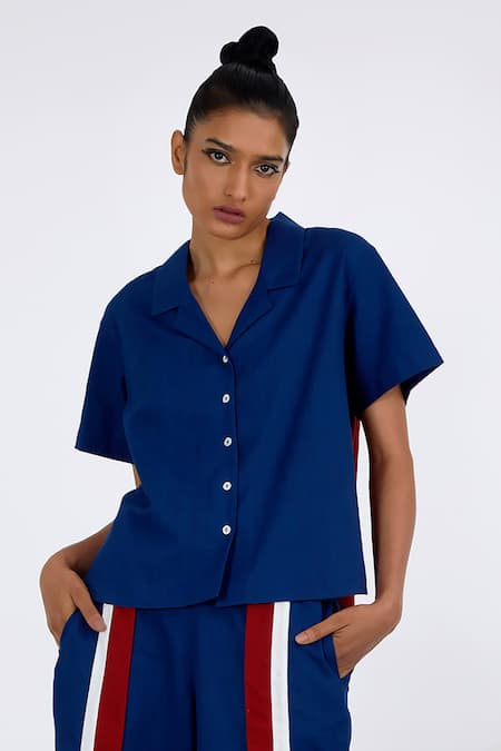 Buy_Madder Much_Blue Cotton Collared Hako Handloom Boxy Shirt And Pant Set _Online_at_Aza_Fashions