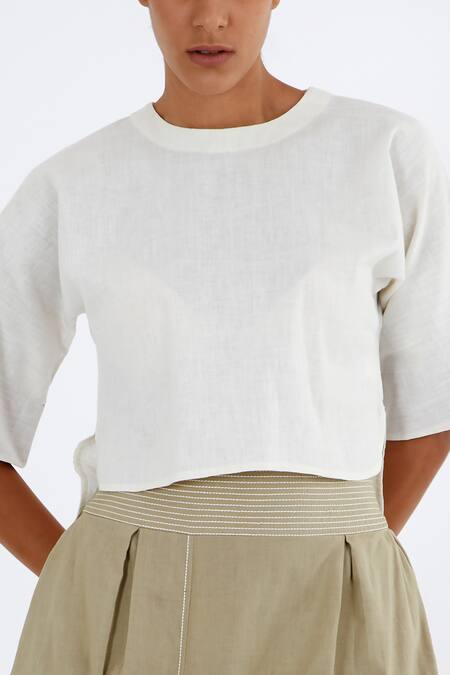 Madder Much_White Handloom Cotton Round Neck Crop Top_Online_at_Aza_Fashions