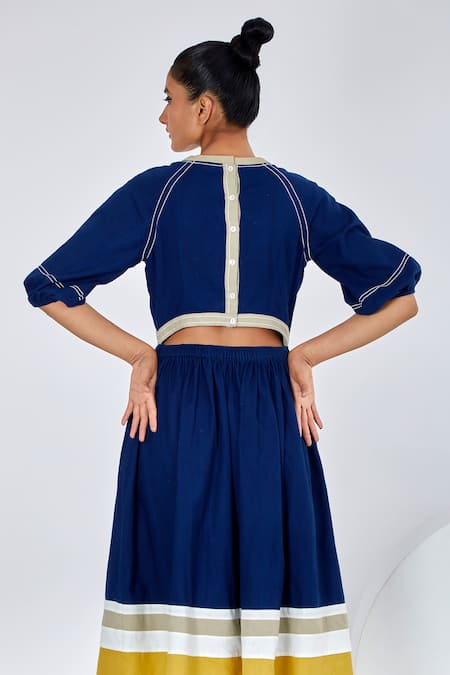 Madder Much_Blue Handloom , Round Neck Kawa Peek A Back Midi Dress _Online_at_Aza_Fashions