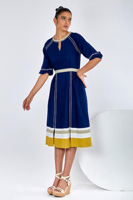 Shop_Madder Much_Blue Handloom , Round Neck Kawa Peek A Back Midi Dress _Online_at_Aza_Fashions