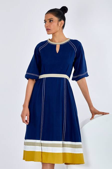Buy_Madder Much_Blue Handloom , Round Neck Kawa Peek A Back Midi Dress 