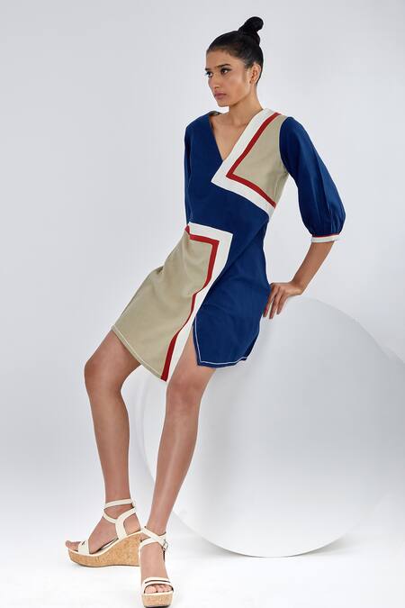 Shop_Madder Much_Multi Color Cotton V-neck Mahi Tiled Short Dress _Online_at_Aza_Fashions