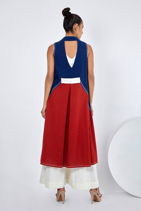 Madder Much_Blue Handloom Cotton V-neck, Round Nara Panelled Island Jacket And Jumpsuit Set _Online_at_Aza_Fashions