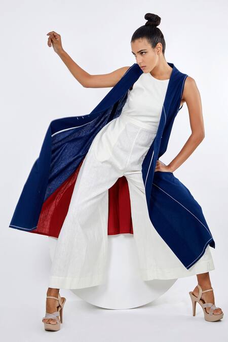 Buy_Madder Much_Blue Handloom Cotton V-neck, Round Nara Panelled Island Jacket And Jumpsuit Set _Online_at_Aza_Fashions