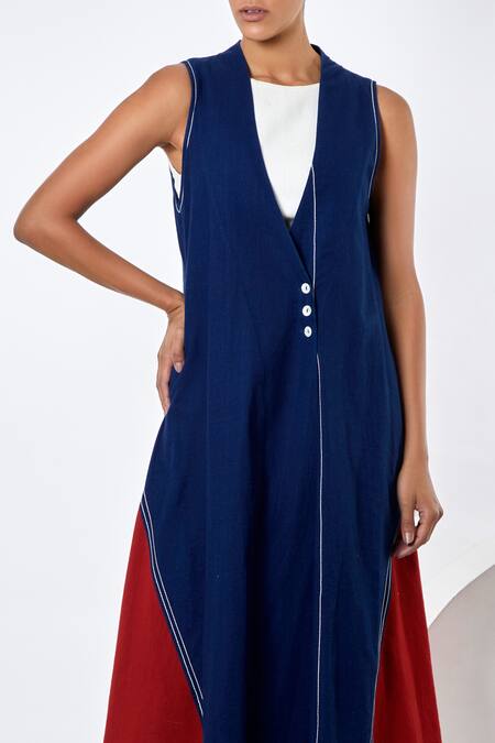 Shop_Madder Much_Blue Handloom Cotton V-neck, Round Nara Panelled Island Jacket And Jumpsuit Set _Online_at_Aza_Fashions