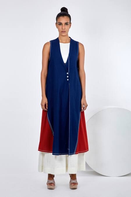 Madder Much_Blue Handloom Cotton V-neck, Round Nara Panelled Island Jacket And Jumpsuit Set _at_Aza_Fashions