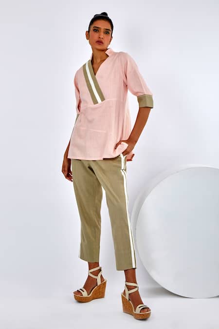 Madder Much Pink Handloom Cotton V-neck Ren Color Block Top And Pant Set Online at Aza Fashions Madder Much_Pink Handloom Cotton V-neck Ren Color Block Top And Pant Set _Online_at_Aza_Fashions