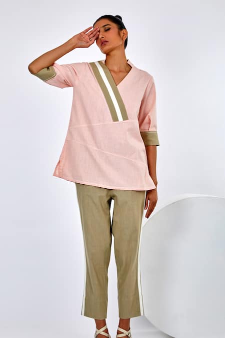 Buy Madder Much Pink Handloom Cotton V-neck Ren Color Block Top And Pant Set Online at Aza Fashions Buy_Madder Much_Pink Handloom Cotton V-neck Ren Color Block Top And Pant Set _Online_at_Aza_Fashions