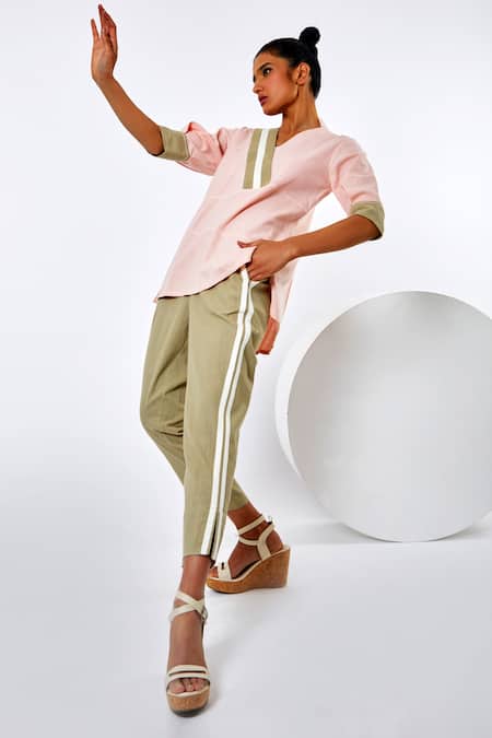 Shop Madder Much Pink Handloom Cotton V-neck Ren Color Block Top And Pant Set Online at Aza Fashions Shop_Madder Much_Pink Handloom Cotton V-neck Ren Color Block Top And Pant Set _Online_at_Aza_Fashions