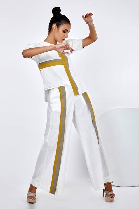 Shop Madder Much White , Handloom Roy Asymmetric Top And Saamo Pant Set Online at Aza Fashions Shop_Madder Much_White , Handloom Roy Asymmetric Top And Saamo Pant Set _Online_at_Aza_Fashions