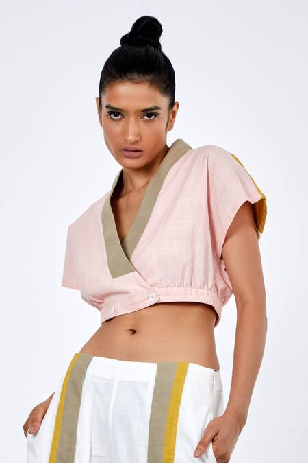 Madder Much_Multi Color Handloom Cotton V-neck Saamo Bomber Top And Pant Set _Online_at_Aza_Fashions