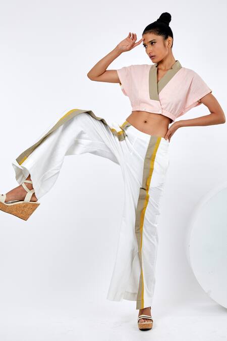 Shop_Madder Much_Multi Color Handloom Cotton V-neck Saamo Bomber Top And Pant Set _Online_at_Aza_Fashions