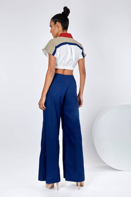 Shop Madder Much Multi Color Handloom Cotton V-neck Saamo Crop Top And Pant Set at Aza Fashions Shop_Madder Much_Multi Color Handloom Cotton V-neck Saamo Crop Top And Pant Set _at_Aza_Fashions