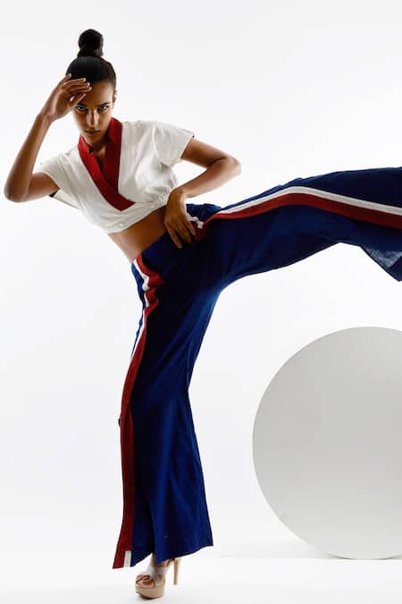 Madder Much Multi Color Handloom Cotton V-neck Saamo Crop Top And Pant Set Online at Aza Fashions Madder Much_Multi Color Handloom Cotton V-neck Saamo Crop Top And Pant Set _Online_at_Aza_Fashions