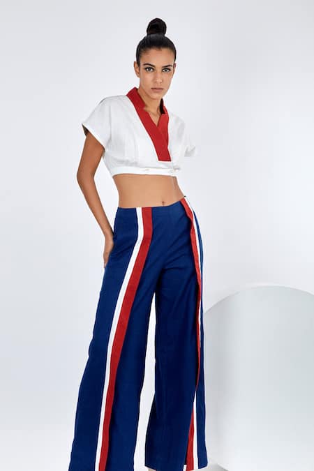 Buy Madder Much Multi Color Handloom Cotton V-neck Saamo Crop Top And Pant Set Online at Aza Fashions Buy_Madder Much_Multi Color Handloom Cotton V-neck Saamo Crop Top And Pant Set _Online_at_Aza_Fashions