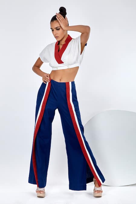 Shop Madder Much Multi Color Handloom Cotton V-neck Saamo Crop Top And Pant Set Online at Aza Fashions Shop_Madder Much_Multi Color Handloom Cotton V-neck Saamo Crop Top And Pant Set _Online_at_Aza_Fashions