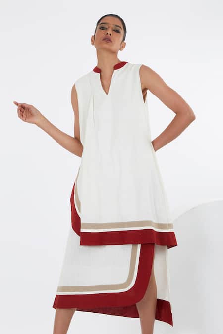 Madder Much_White Cotton Collared Sachi Color Block Layered Dress _Online_at_Aza_Fashions