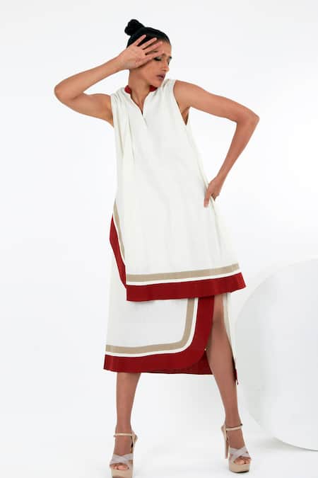Buy_Madder Much_White Cotton Collared Sachi Color Block Layered Dress _Online_at_Aza_Fashions