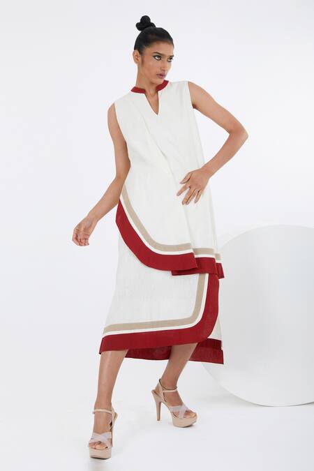 Shop_Madder Much_White Cotton Collared Sachi Color Block Layered Dress _Online_at_Aza_Fashions