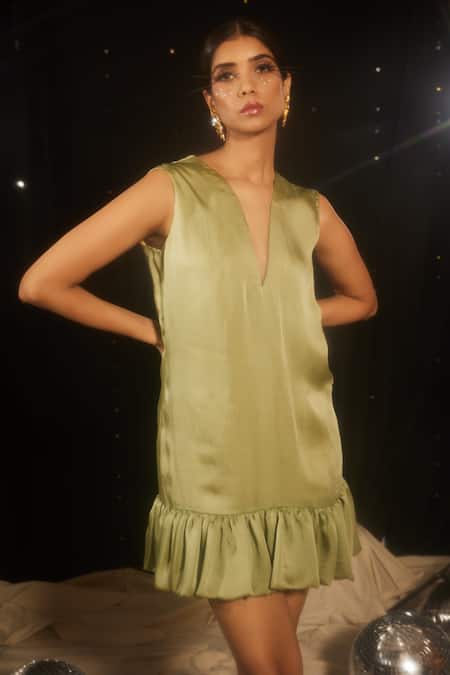 Buy_Sonam Parmar Jhawar_Green Silk Plunge Neck Olivia Sleeveless Dress _Online_at_Aza_Fashions