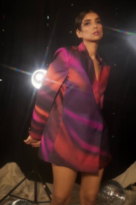 Buy_Sonam Parmar Jhawar_Multi Color Modal, Polyester Collared Zenith Cosmic Wave Print Blazer Dress _Online_at_Aza_Fashions
