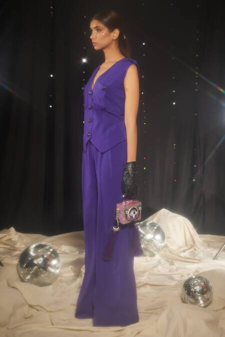 Buy_Sonam Parmar Jhawar_Purple Georgette V-neck Ezra Sleeveless Waistcoat And Pant Set_Online_at_Aza_Fashions
