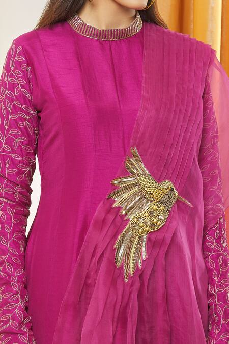 Buy_Label Shristi Chetani_Pink Organza Embroidery High Neck Sleeve Anarkali Set _Online_at_Aza_Fashions