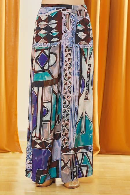 Label Shristi Chetani_Blue Crepe, Taffeta, Chiffon Embroidery, Geometric Print Cape And Flared Pant Set _Online_at_Aza_Fashions