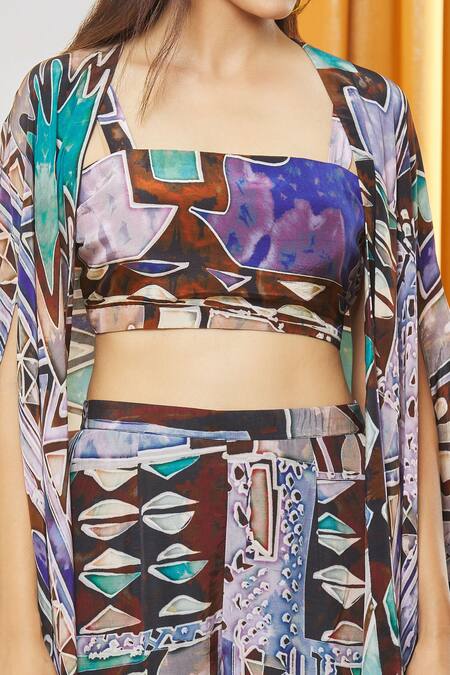 Shop_Label Shristi Chetani_Blue Crepe, Taffeta, Chiffon Embroidery, Geometric Print Cape And Flared Pant Set _Online_at_Aza_Fashions