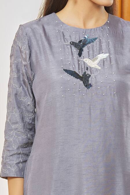 Shop_Label Shristi Chetani_Grey Denim, Organza, Taffeta Beads, Sequins Bird Placement Embroidered Kurta Set _Online_at_Aza_Fashions