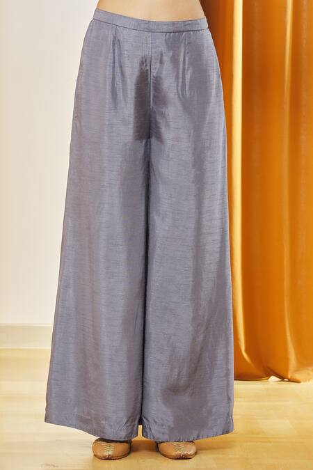 Label Shristi Chetani_Grey Denim, Organza, Taffeta Beads, Sequins Bird Placement Embroidered Kurta Set _at_Aza_Fashions