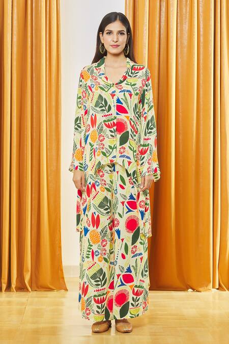 Label Shristi Chetani_Yellow Crepe Embroidery Shawl Neck Printed Shirt And Pant Set _at_Aza_Fashions