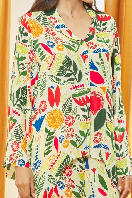 Buy_Label Shristi Chetani_Yellow Crepe Embroidery Shawl Neck Printed Shirt And Pant Set _Online_at_Aza_Fashions