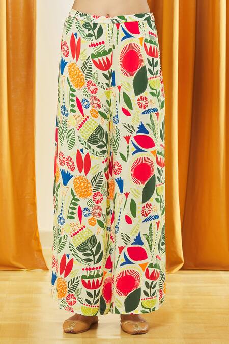 Shop_Label Shristi Chetani_Yellow Crepe Embroidery Shawl Neck Printed Shirt And Pant Set _Online_at_Aza_Fashions