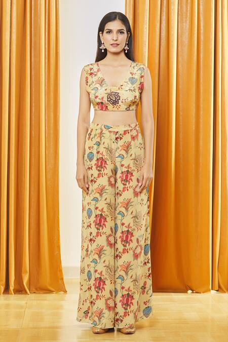 Label Shristi Chetani_Beige Net, Crepe, Taffeta Beads V-neck Printed Crop Top Flared Pant Set _at_Aza_Fashions